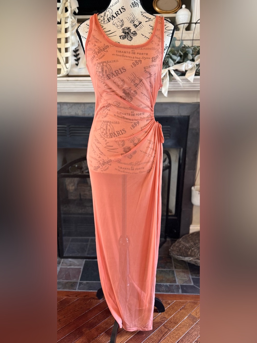 Sheer Mesh Orange Maxi Dress Cover Up Side Ruching Open Side Sleeveless Medium